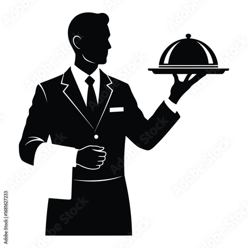 Professional waiter in silhouette holding a food cloche ready to serve guests with elegance silhouette
