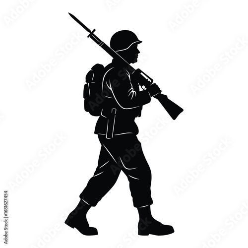 Silhouette of a soldier marching with a rifle on his shoulder symbolizing military duty and historical conflict silhouette