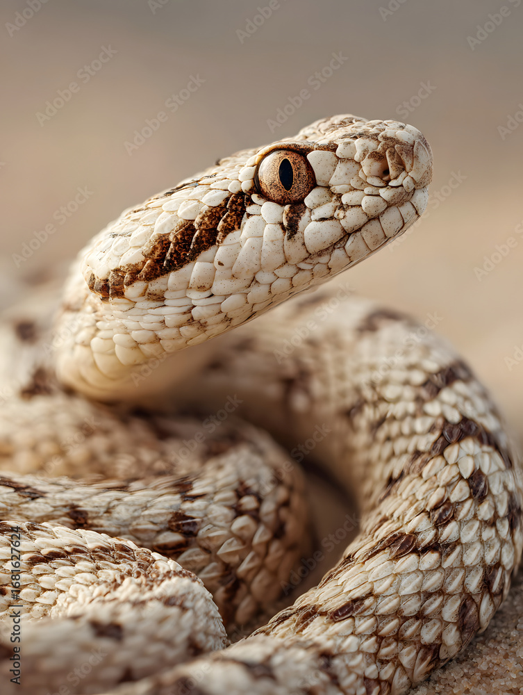Fototapeta premium Close up of hognose snake with upturned snout, sandy brown scales, and distinctive pattern, coiled on desert ground, displaying calm and curious expression