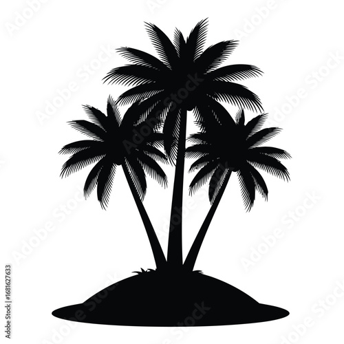 Tropical oasis silhouette three palm trees on a small island under a clear sky silhouette