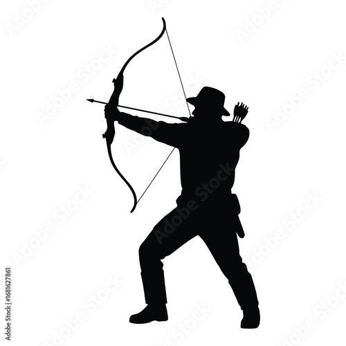 Silhouette of an archer aiming a bow and arrow ready to shoot in a dynamic pose outdoors silhouette