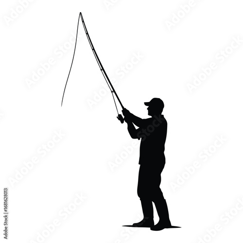 Silhouette of a man fishing with a rod and reel in action capturing the moment of a catch silhouette