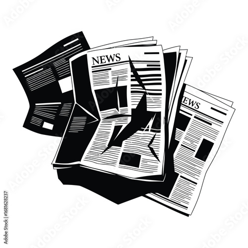 Stack of newspapers with "news" headlines conveying daily information and current events in a graphic style. silhouette