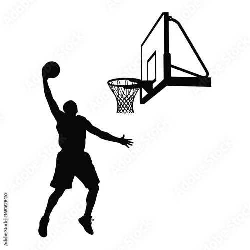 Dynamic silhouette of a basketball player dunking on a hoop with a ball in hand silhouette