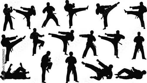 Martial arts silhouette vector set, karate training poses, self-defense moves, black belt fighter action stance, combat sports illustration icon.