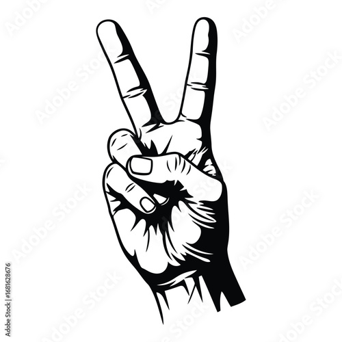 Hand gesture displaying victory or peace symbol with two fingers raised in black and white. silhouette