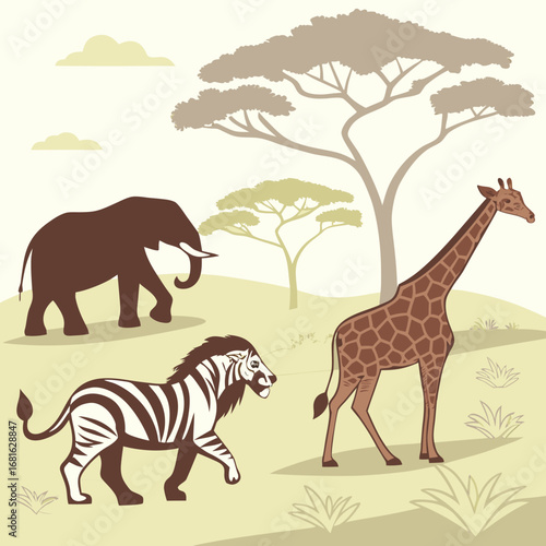 Safari Animals - Elephant, Giraffe, and Zebra in the Wild | Nature Illustration