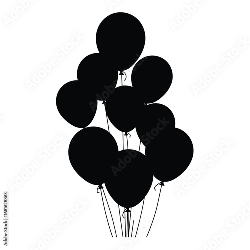 A bunch of black balloons tied together on a ready for celebration and decoration silhouette