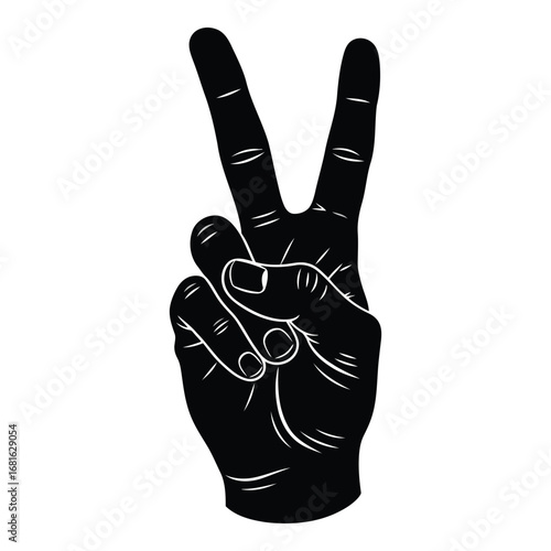 Close up of a hand showing the peace sign gesture in a bold graphic style silhouette