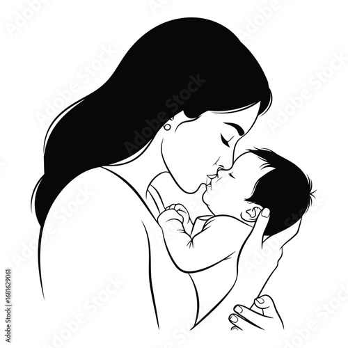 Tender embrace of motherhood delicate black and white sketch of mom kissing baby cherishing family love silhouette