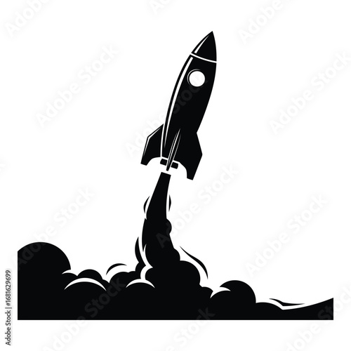 Silhouette rocket ship launching with dramatic smoke and flame explosion ascending into sky silhouette