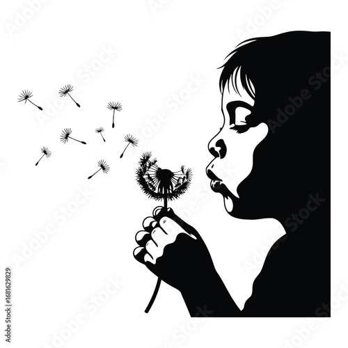 Child blowing dandelion seeds into the wind childhood innocence and dreams silhouette graphic silhouette