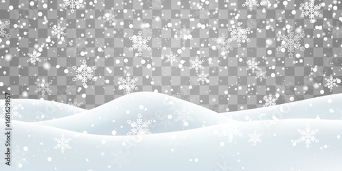 Vector heavy snowfall with snowbanks field. Snow landscape decoration, frozen hills isolated on png background. Snow flakes, snow and blizzard falling on snowdrifts. Christmas vector illustration