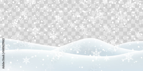 Vector heavy snowfall with snowbanks field. Snow landscape decoration, frozen hills isolated on png background. Snow flakes, snow and blizzard falling on snowdrifts. Christmas vector illustration
