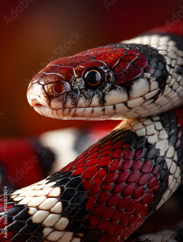 Close up of milk snake with vibrant red, black, and white scales, showing detailed texture and pattern, creating striking and intense visual effect