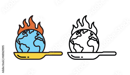 Global Warming Icon Set: Earth on Fire Depicting Climate Change, Environmental Issues, and Ecological Crisis on Transparent Backgrounds