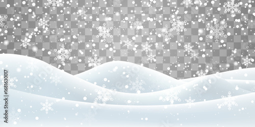 Vector heavy snowfall with snowbanks field. Snow landscape decoration, frozen hills isolated on png background. Snow flakes, snow and blizzard falling on snowdrifts. Christmas vector illustration