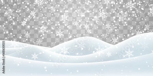 Vector heavy snowfall with snowbanks field. Snow landscape decoration, frozen hills isolated on png background. Snow flakes, snow and blizzard falling on snowdrifts. Christmas vector illustration