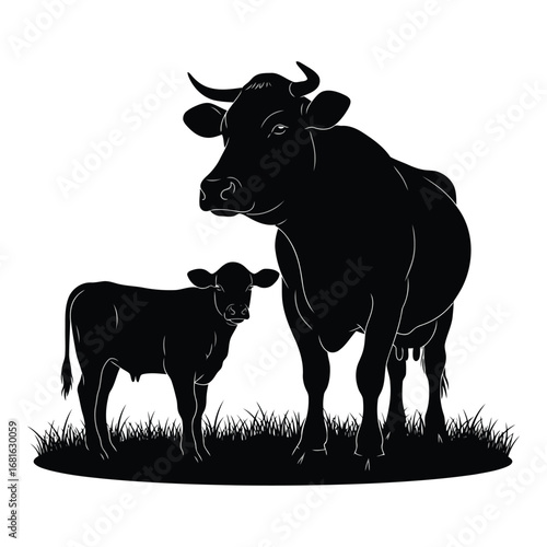 Silhouette of a cow and calf standing in grassy field evokes rural farming serenity and livestock vitality silhouette