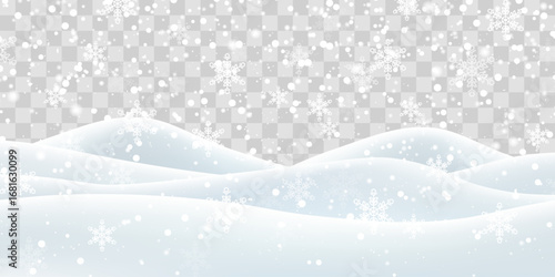 Vector heavy snowfall with snowbanks field. Snow landscape decoration, frozen hills isolated on png background. Snow flakes, snow and blizzard falling on snowdrifts. Christmas vector illustration