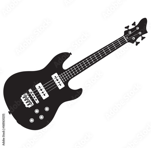 Elegant black and white bass guitar illustration for musical instrument and music themes