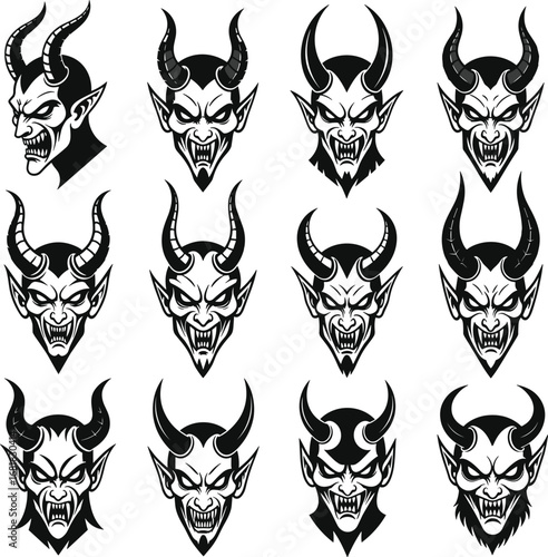 Set of 12 scary devil faces with horns, evil demons, gothic tattoo designs, Halloween monsters, angry expressions, dark fantasy art