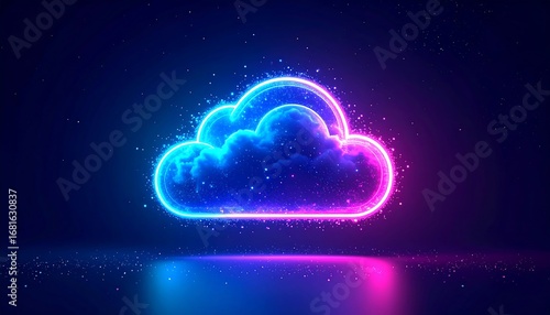Glowing Neon Cloud Symbol Digital Art Abstract Technology Background.