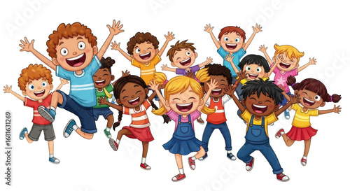 Joyful diverse group of cartoon kids jumping and cheering in excitement