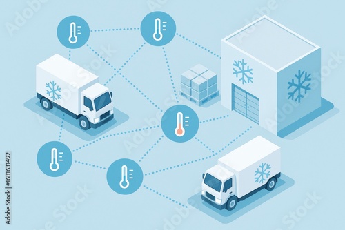 Refrigerated trucks and cold storage warehouse with temperature icons, flat style on blue background, concept of cold chain logistics and control