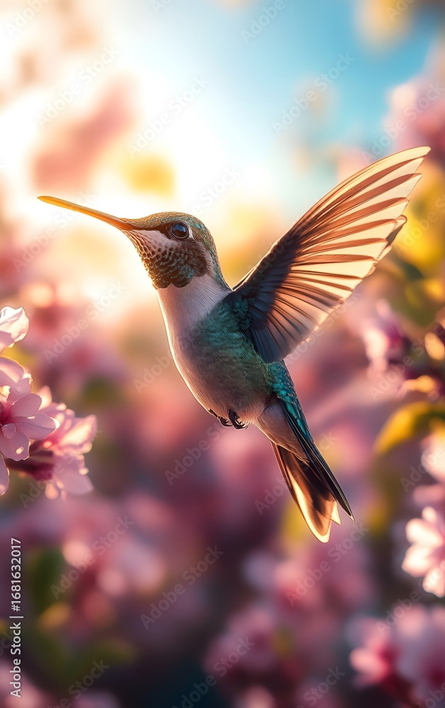 Naklejka premium A hummingbird hovers in the air, its vibrant feathers bathed in soft sunlight