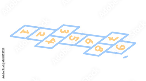 Hopscotch playground game icon, numbered squares for kids activity, traditional outdoor children play, schoolyard chalk drawing, isolated on white background flat vector illustration.