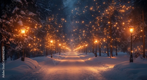 Snowy park path lined with glowing lanterns and fairy lights at dusk winter walkway