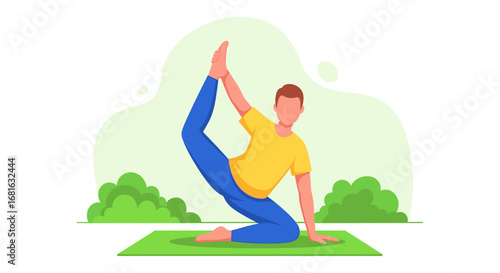 Man practicing a graceful yoga pose on a mat outdoors, embodying flexibility, balance, and a healthy, active lifestyle.