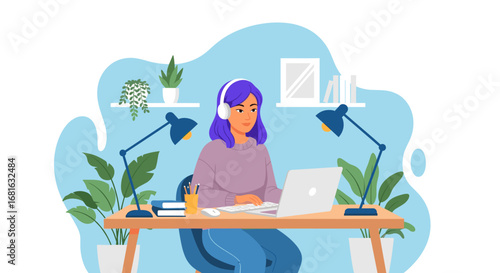 A focused woman with headphones works on her laptop at a desk in a cozy home office, illustrating remote work, online learning, and productivity.