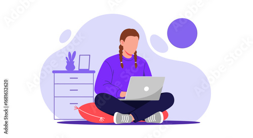 Young woman comfortably working or studying from home, sitting cross-legged with a laptop. Perfect for remote work, online learning, or digital lifestyle concepts.