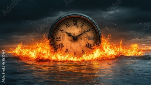 Burning clock face in water, sunset backdrop with ominous clouds above