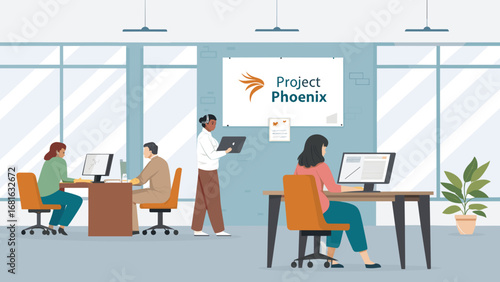 Diverse team of professionals collaborating in a modern office, working on computers. Represents business, teamwork, productivity, and innovation.