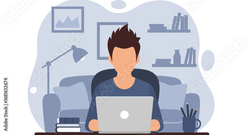 Focused person working remotely on a laptop in a cozy home office, illustrating productivity, modern digital lifestyle, and online education.