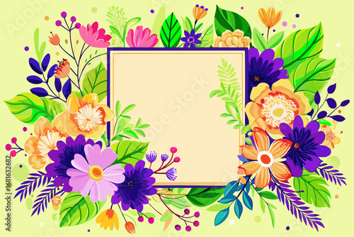 Delightful floral frame with vibrant blossoms and leaves, perfect for invitations, greetings, or any creative spring project needing a touch of organic beauty and cheerful elegance