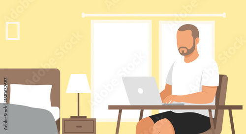 Man working comfortably on a laptop from his home bedroom, illustrating remote work, flexible lifestyle, and productivity. Ideal for business and technology concepts.