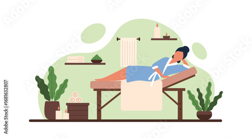 Woman relaxing on a massage table in a tranquil spa setting with plants and candles, embodying wellness, self-care, and relaxation.