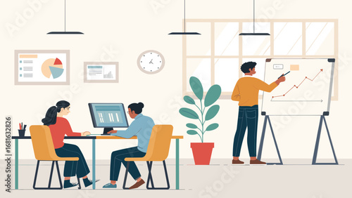 Business team collaborating in a modern office, analyzing data and presenting strategies for growth. Ideal for themes of teamwork, finance, and professional development.