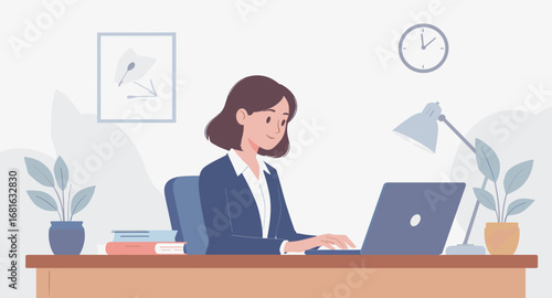 Focused young businesswoman working efficiently on her laptop at a modern office desk, symbolizing productivity and professional success.