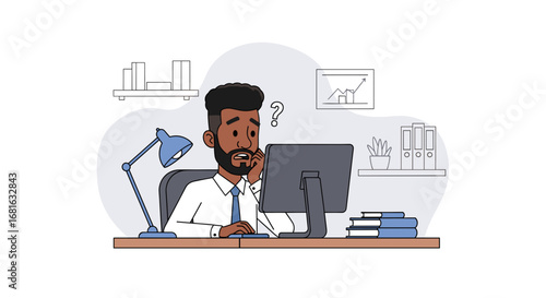 Confused businessman at office desk with a question mark, pondering challenges and seeking solutions. Represents business problems, decision-making, and workplace dilemmas.