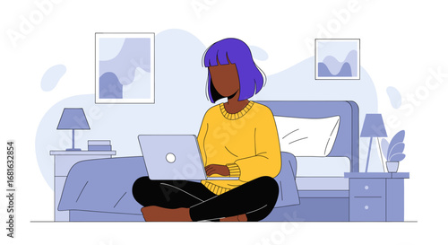 Young woman works remotely or studies online from the comfort of her bed, embodying flexibility, modern lifestyle, and home office convenience.