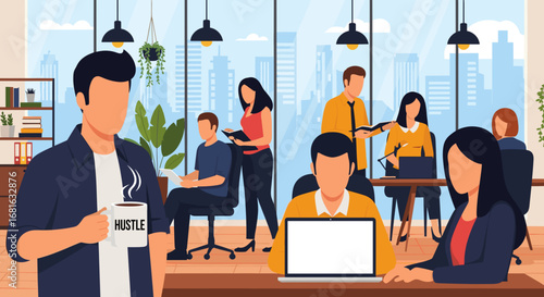 Diverse professionals hustling in a modern office with city views, collaborating and focused on work. Ideal for business, teamwork, and success concepts.