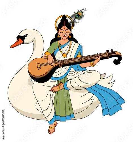 Saraswati on swan playing veena colorful Hindu deity illustration
