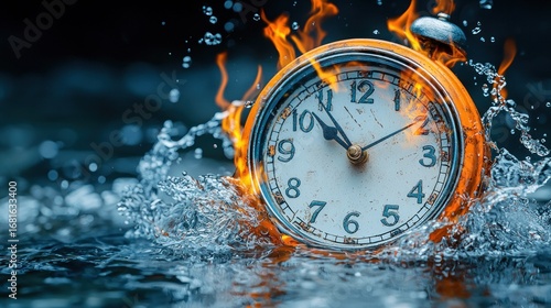 Burning clock in water; time, fire, and  splash