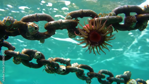 A close-up of a thick, rusted anchor chain with various marine animals, including a brightly colored anemone, attached to it