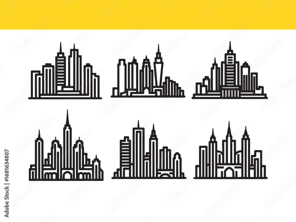 Fototapeta premium Abstract Cityscape Silhouette Collection Vector Illustration featuring Urban Skyline Designs and Modern Architecture Concept Set for Graphic Design and Branding Projects